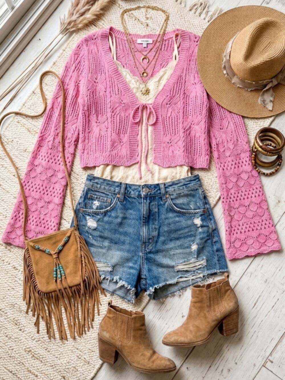 Entro Pink Crochet Bell Sleeve Cardigan Tie Front Boho L NWT